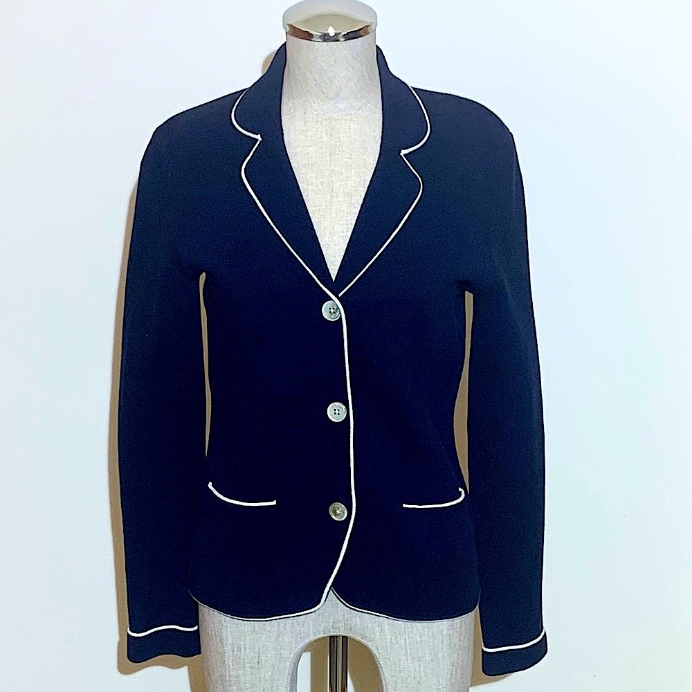 💥EUC💥 Lauren Ralph Lauren Navy Sweater Jacket w/White Piping - Size Small✨✨✨ - Picture 2 of 11